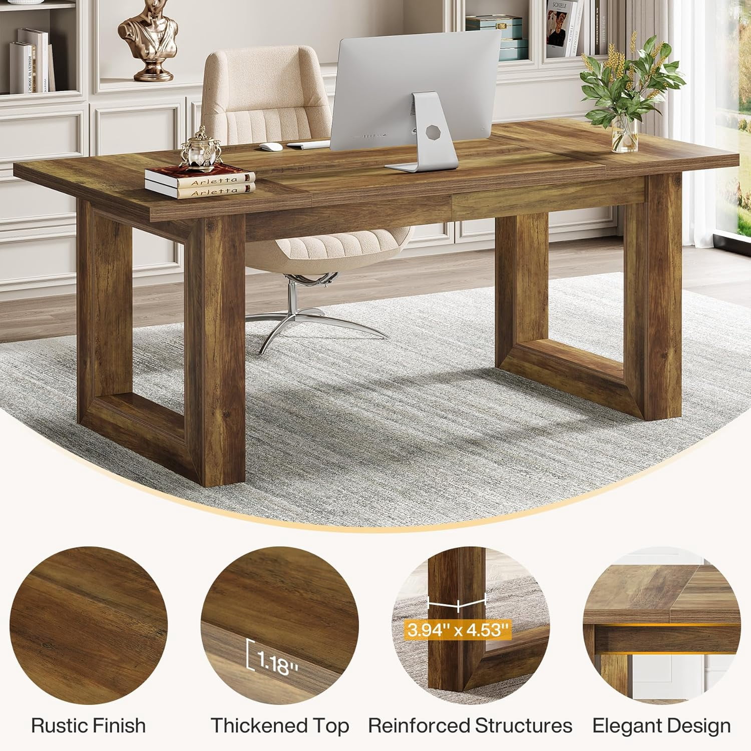 Tribesigns 63-Inch Executive Computer Desk, Large Home Office Desk, Industrial Writing Table with Solid Wooden Base, Workstation Work Desk, Rustic Brown