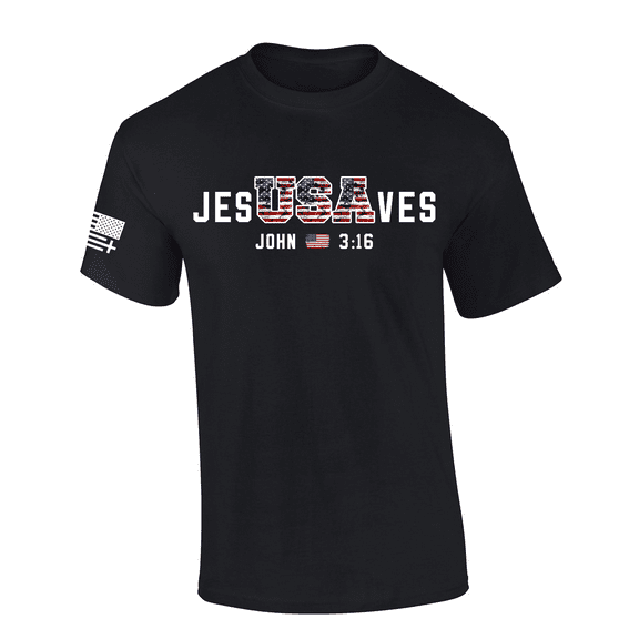 Trenz Shirt Company Men’s USA Flag Filled Jesus Saves USA Flag John 3:16 Short Sleeve T-Shirt, Black-Small