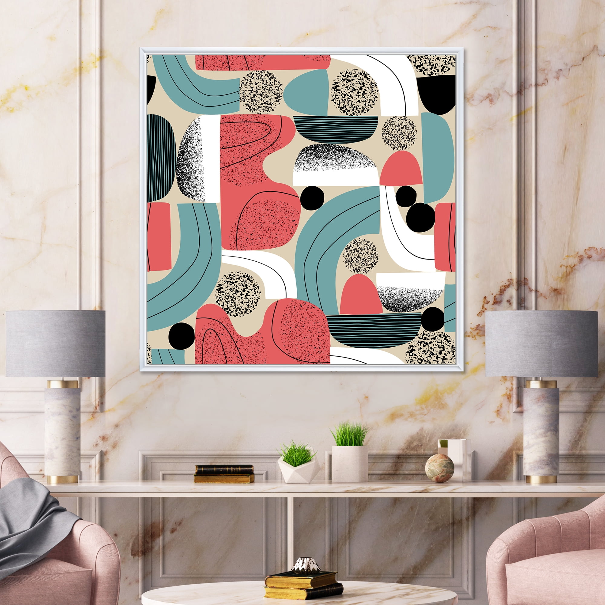 Designart 'Retro Shapes With Abstract Moons and Suns III' Modern Framed Canvas Wall Art Print