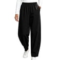 thumbnail image 3 of Women's Tapered Pants, Mid Rise Casual Pants with Elastic Waist & Side Pockets, Work Travel Running Outdoor Wear | VerBelle,Black L, 3 of 8
