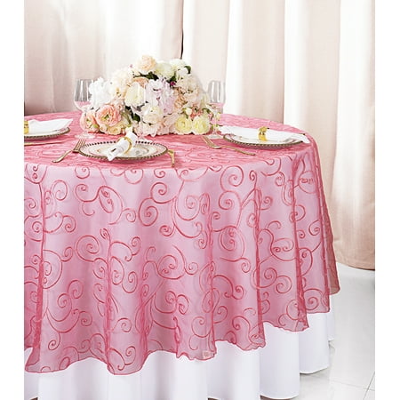 

Wedding Linens Inc. 108 Round Seamless Embroidered Organza Table Overlay Tablecloth - Coral