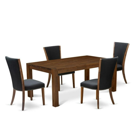 East West Furniture - LMVE5-N8-04 - 5-Pc Dining Room Table Set- 4 Upholstered Dining Chairs and Wood Dining Table - Black Linen Fabric Seat and High Chair Back - Antique Walnut Finish
