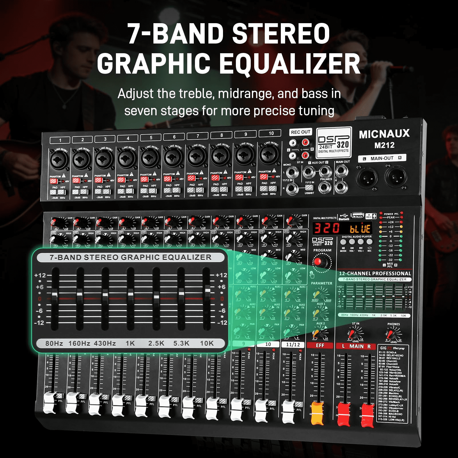 Audio Mixer 12 Channel Professional Sound Console Music Mixer with 320 DSP Effects, 7-band EQ DJ Mixing Board w/USB, Bluetooth, 48V Power Supply, PAD Button for Recording Karaoke PA Drum Live