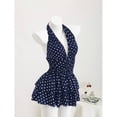 thumbnail image 3 of Black & White Polka Dot Deep V-Neck Halter Backless Fitted Mini Dress with Ruffle Hem, 3 of 10