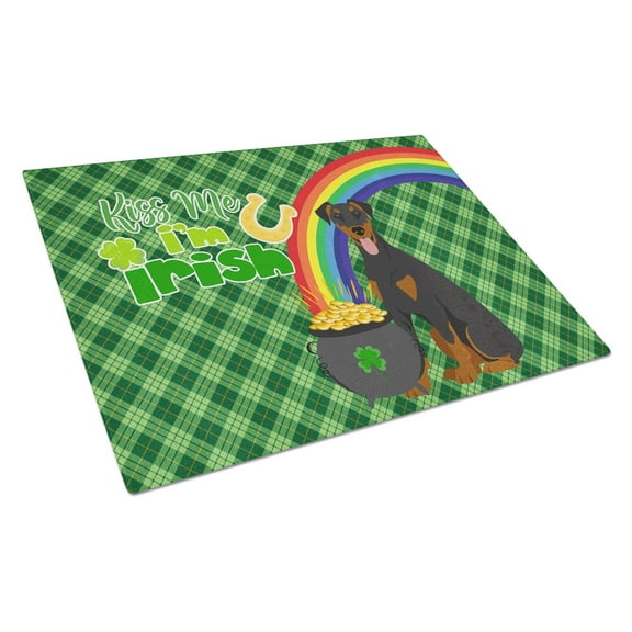 Natural Ear Black and Tan Doberman Pinscher St. Patrick's Day Glass Cutting Board Large 12 in x 15 in