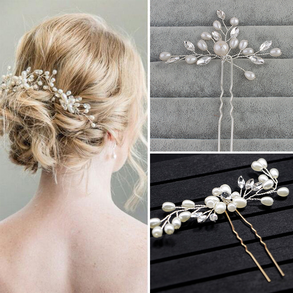 Lochimu Gold Plated Pearl Crystal Hair Clips For Bridal Wedding Prom Party Pearl Crystal Hair Clips Women Faux Hair Clips - image 1 of 11