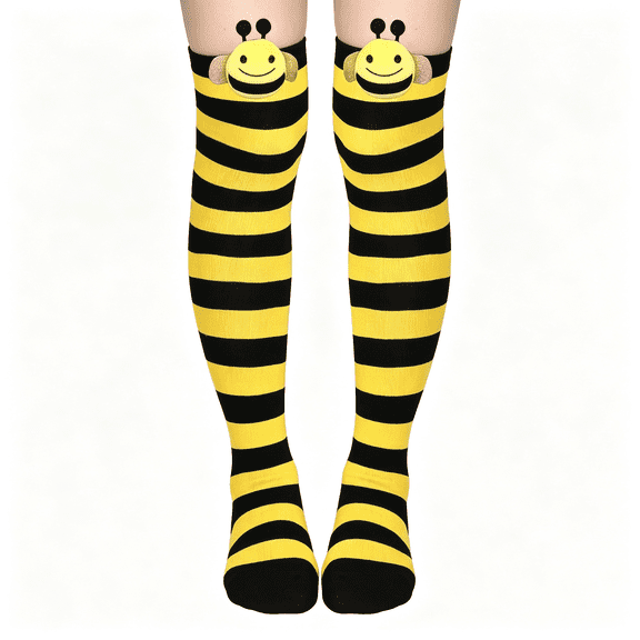 TELOLY Toddler Kids Striped Knee High Bee Socks for Girls Boys|Kids Cute Bee Stockings Black Yellow Striped Long Socks for Birthday and Halloween Dress Up 3D Cute Novelty Cartoon Stretchy Socks