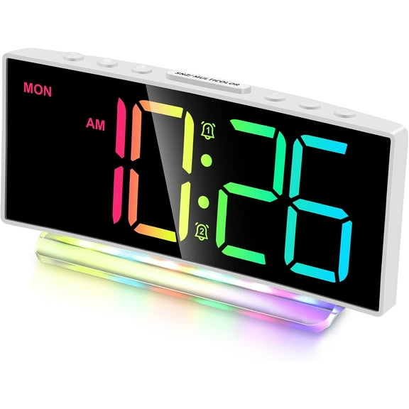 Loud Alarm Clocks for Heavy Sleepers,Adults,Kids,Teens,Large Digital Display,7 Color Night Light,Adjustable Volume,Battery Backup,Small Bedside Clocks for Bedrooms (White Dynamic)