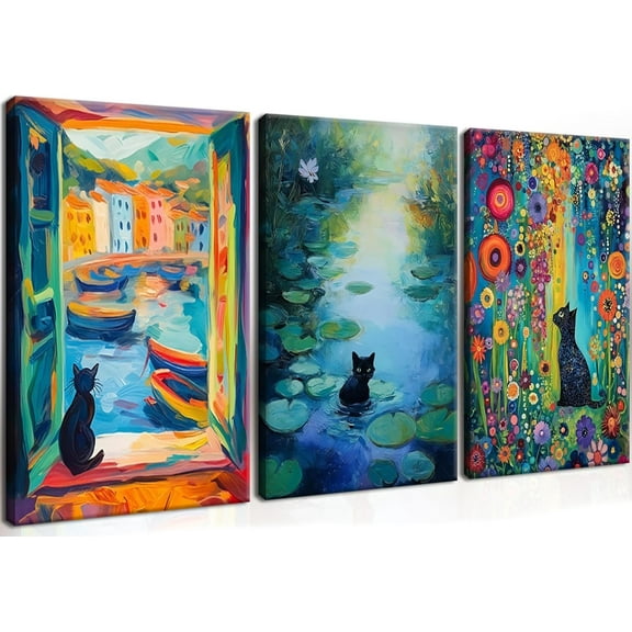 Monet Wall Art Set of 3 - Funny Cat in Water Lilies Canvas Paintings Prints, Garden Flowers Black Cat Aesthetic Pictures for Room Bedroom Living Room Bathroom 12x16 Framed
