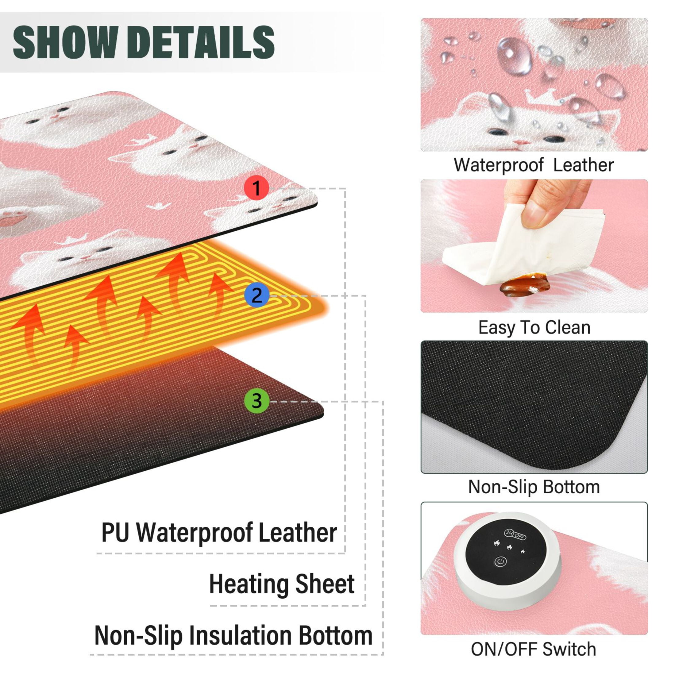Large Heated Desk Mat Mouse Pad 31.5"x13"PU Leather Graphene Heating Desk Warmer with 3 Temperature Settings 110V US Plug Non-Slip Warm Pad for Home, Office, and Gaming Happy White Cat Face