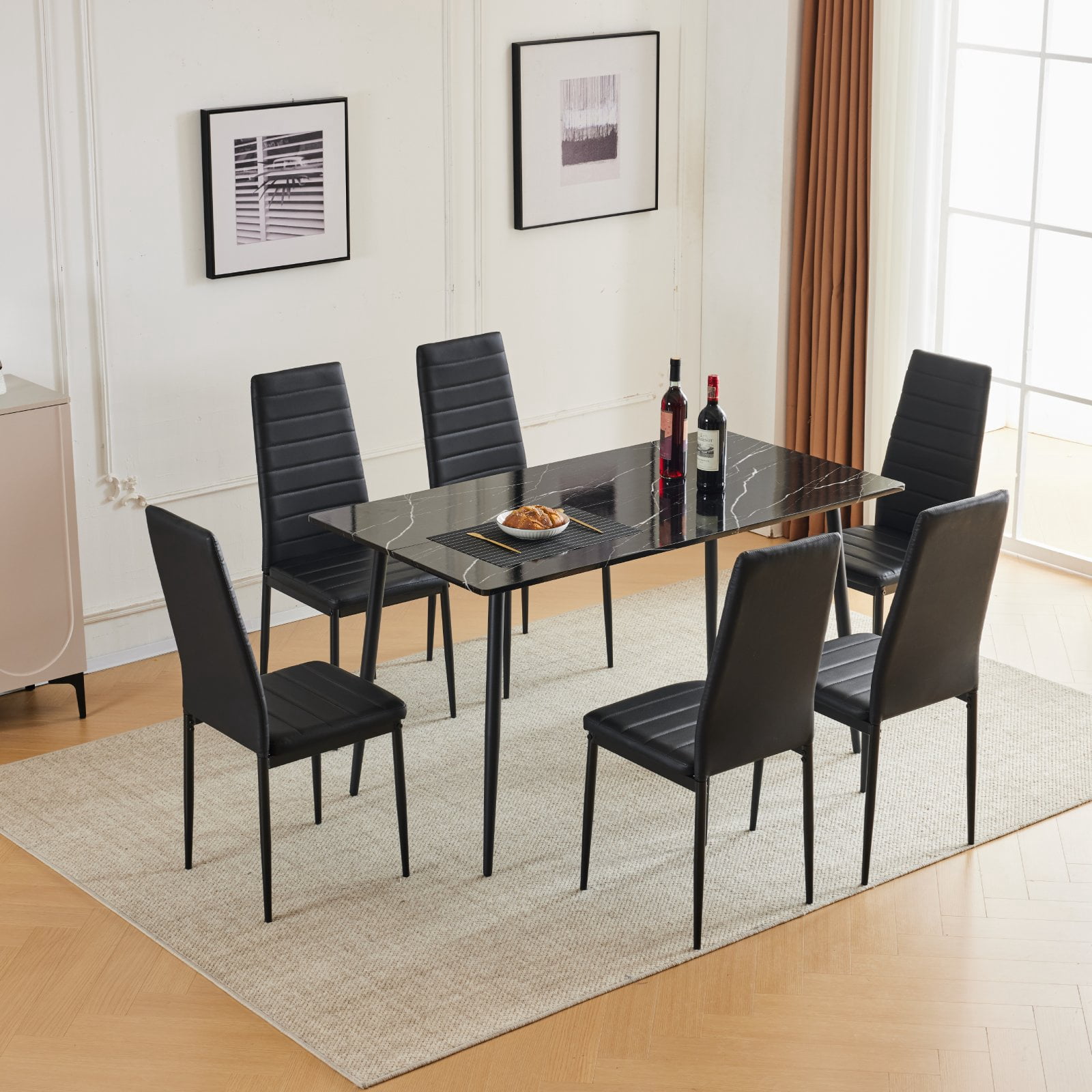 Ktaxon Dining Table Set for 6, Faux Marble Dining Room Table Set Dinner Table with PU Chairs for Home Kitchen Restaurant 55" Black