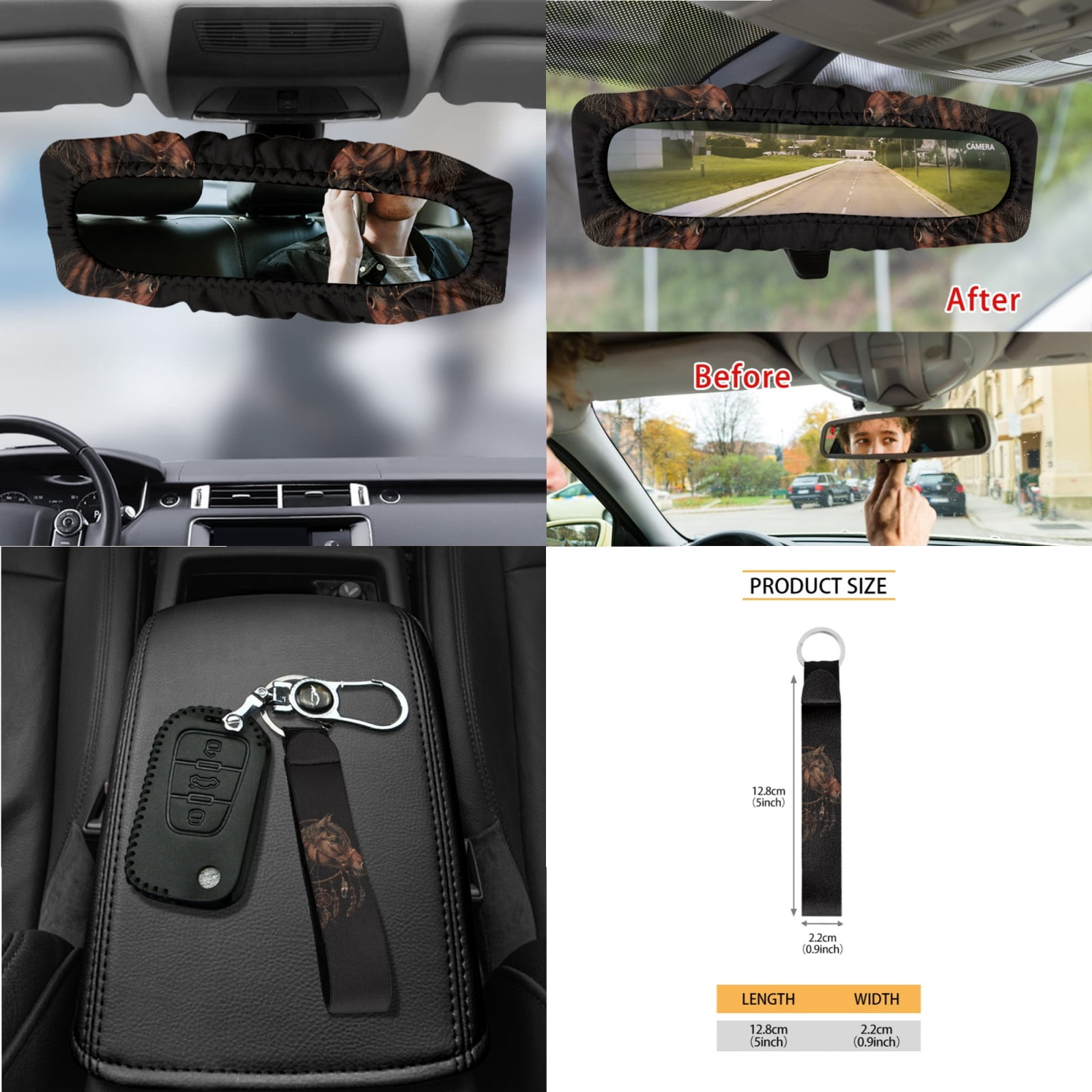 Garronmavis Dreamcatcher Horse 15 PCS Car Seat Cover Full Set Steering Wheel Cover Keychain Car Trash Can Car Dash Accessories Rearview Mirror Cover Cup Mats Easy to Install Universal Fit