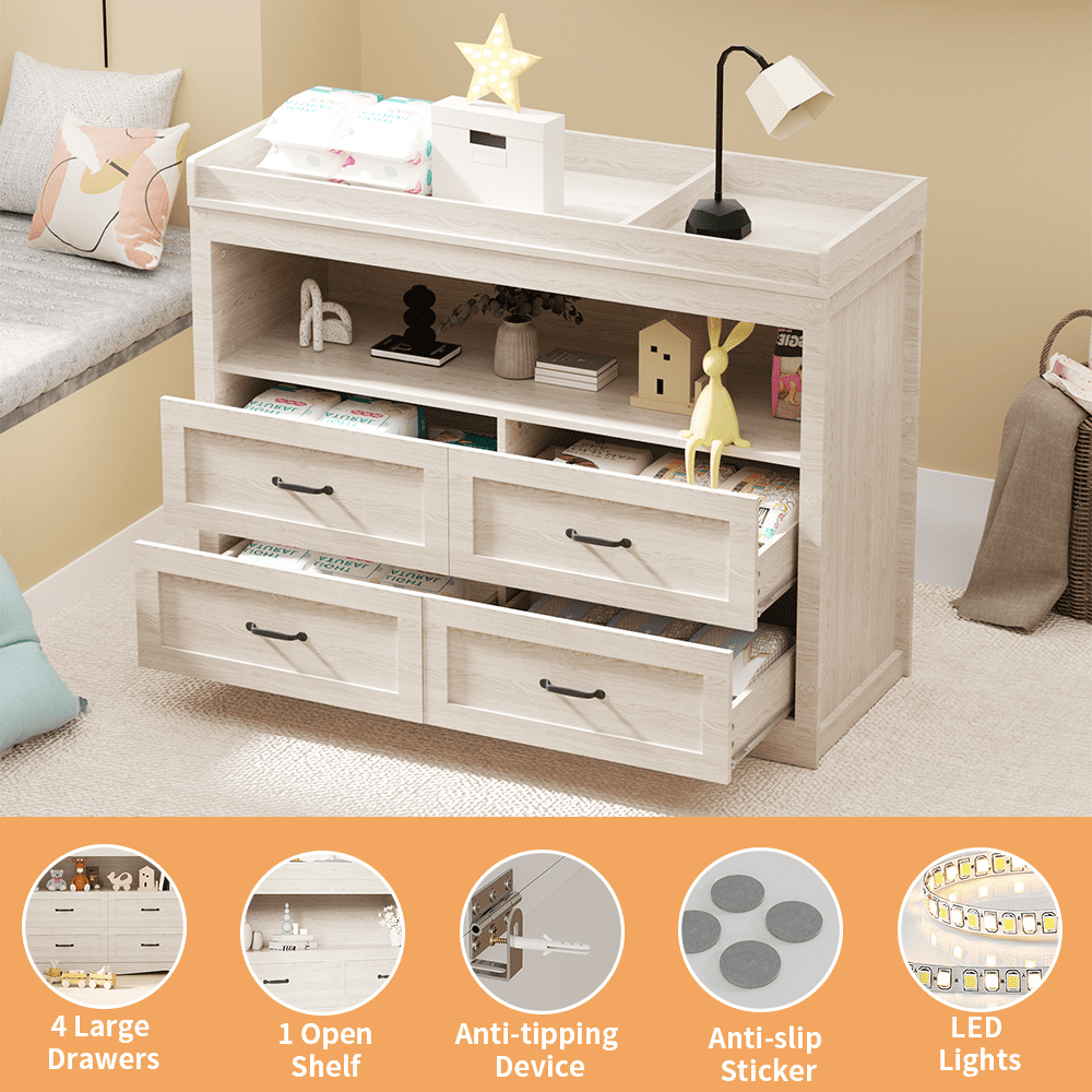Baby Changing Table Dresser Nursery Chest with Storage-Infant & Toddler, 4 Drawers and Open Storage Space, Beige