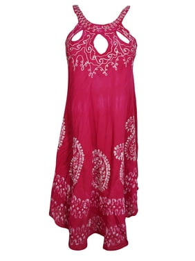 Mogul Womens Tie Dye Batik Embroidered Tank Dress Sleeveless Summer Fashion Flared Sexy Pink Boho Style Sundress