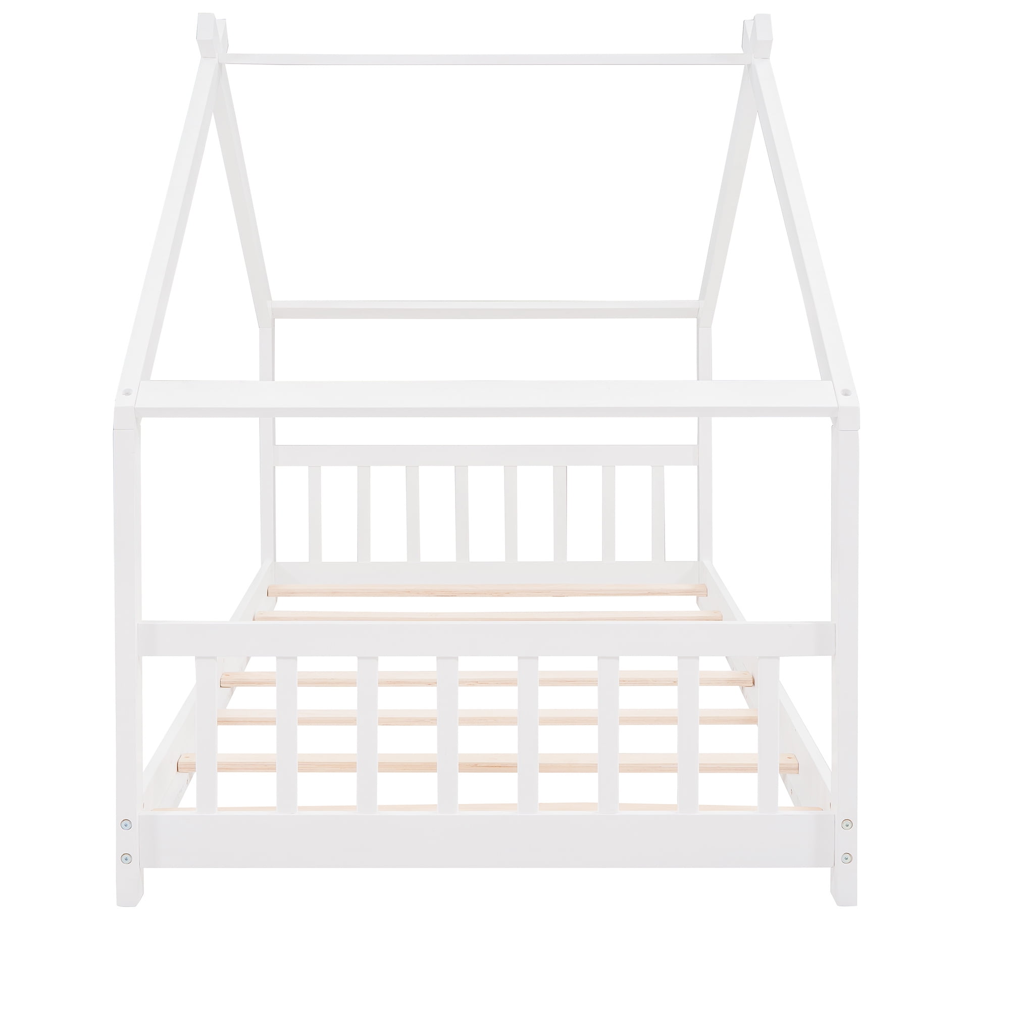 Aukfa Twin Size Wood House Beds Frame - Floor Bed Twin Platform Bed for Kids Teens Bedroom - White