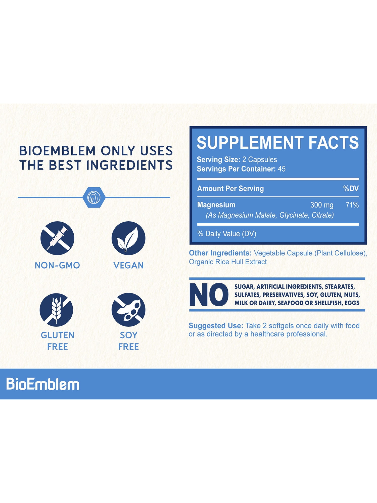 BioEmblem Triple Magnesium Complex | 300mg of Magnesium Glycinate, Malate, & Citrate for Muscle Relaxation, Sleep, Stress Relief, & Energy | High Absorption | Vegan, Non-GMO | 90 Capsules