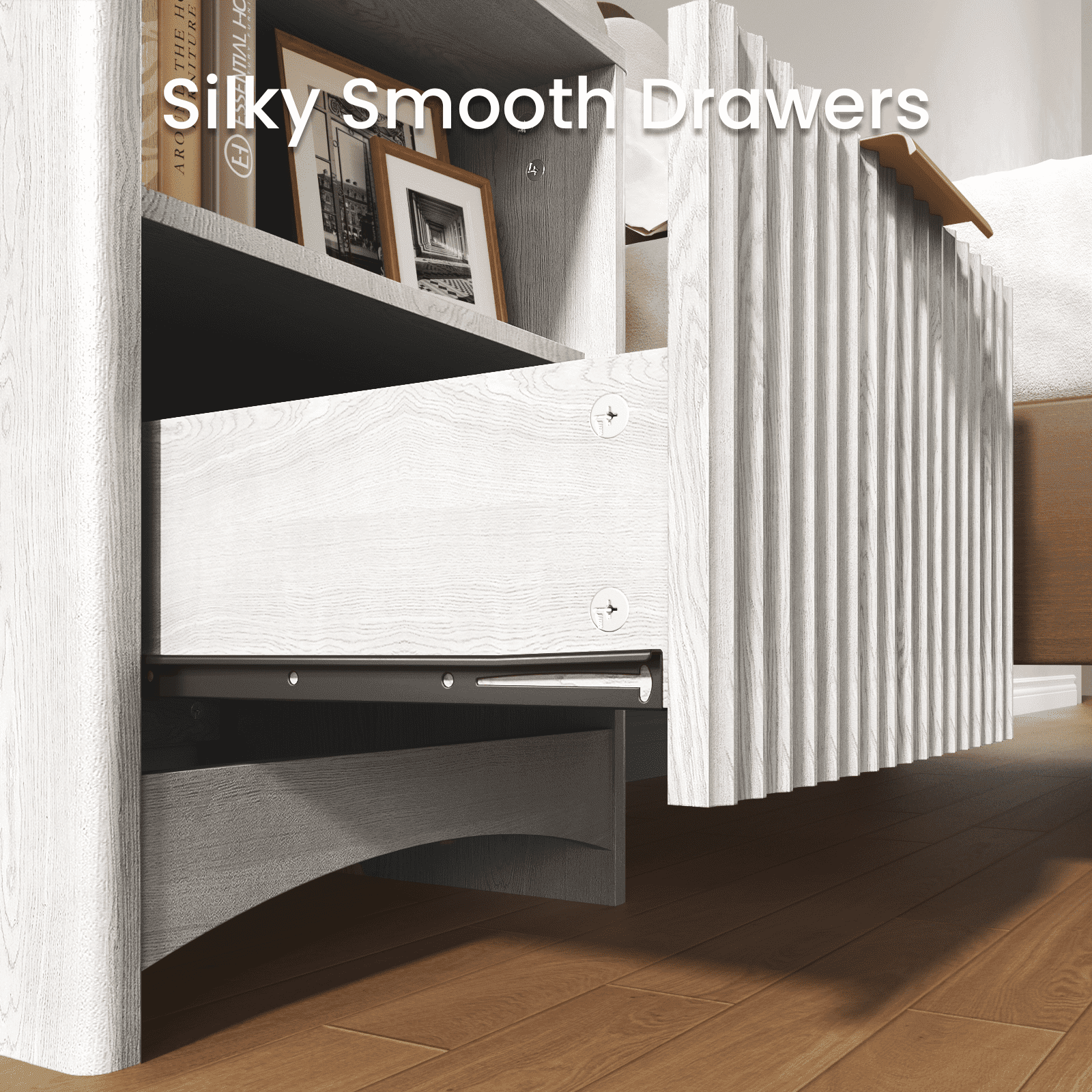 CHITOOMA Fluted Nightstand Set of 2 with Charging Station, Wood Bedside Table with Drawer & Open Shelf, Small End Table for Bedroom Living Room, Gray