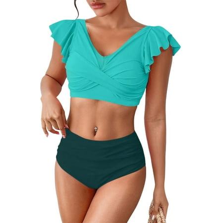 Huankd Womens High Waisted Bikini Sets Ruffle Cheeky Tummy Control Full Coverage Push Up Solid Two Piece Swimsuits Green XL