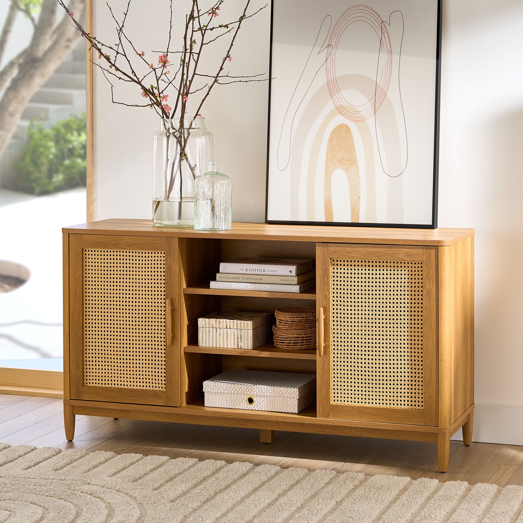 Better Homes & Gardens Springwood Cane TV Stand for TV's up to 65", Light Honey Finish