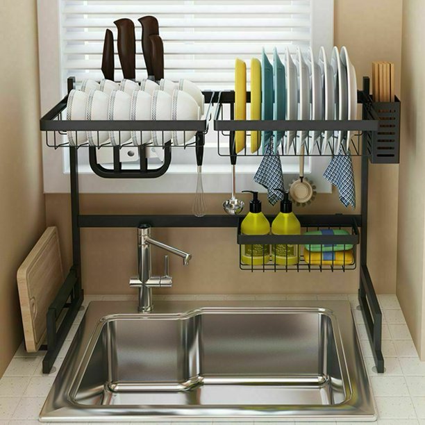2 Tiers Dish Drying Rack ,Over Sink Dish Rack Drainer Shelf Kitchen Cutlery Holder Stainless Steel Over The Sink Shelf Storage Rack 25.6x12.6x20.1inch