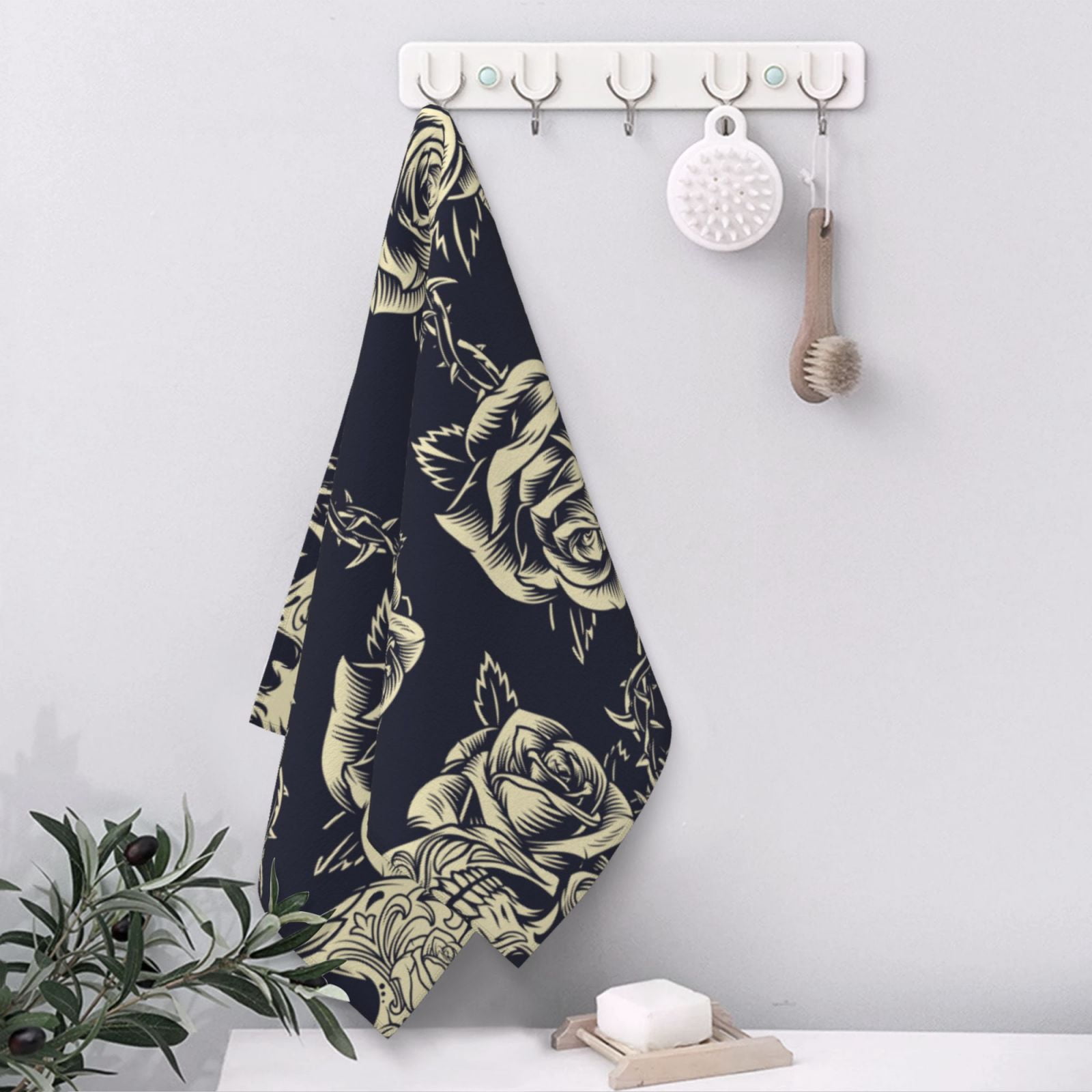 Black Skull Roses Cool 27.5" x 16" Ultra Soft Hand Towel, Face Wash Cloth for Bathroom, Gym, Travel, Pool