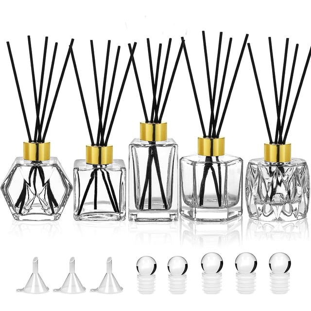 Diffuser Glass Bottles Set of 5 DIY Empty Clear Glass Fragrance Bottle with Gold Caps Reeds Sticks Vase Decorative Diffusers for Home Office Desk Decoration Wedding Replacement Girl Women