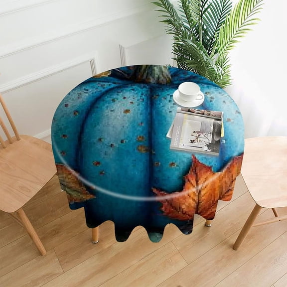 RKSupls 60 Inch Round Tablecloth, Blue Pumpkin Autumn Premium Polyester Straight Edge Wrinkle Resistant Washable Table Cover for Party Home Dining Decor