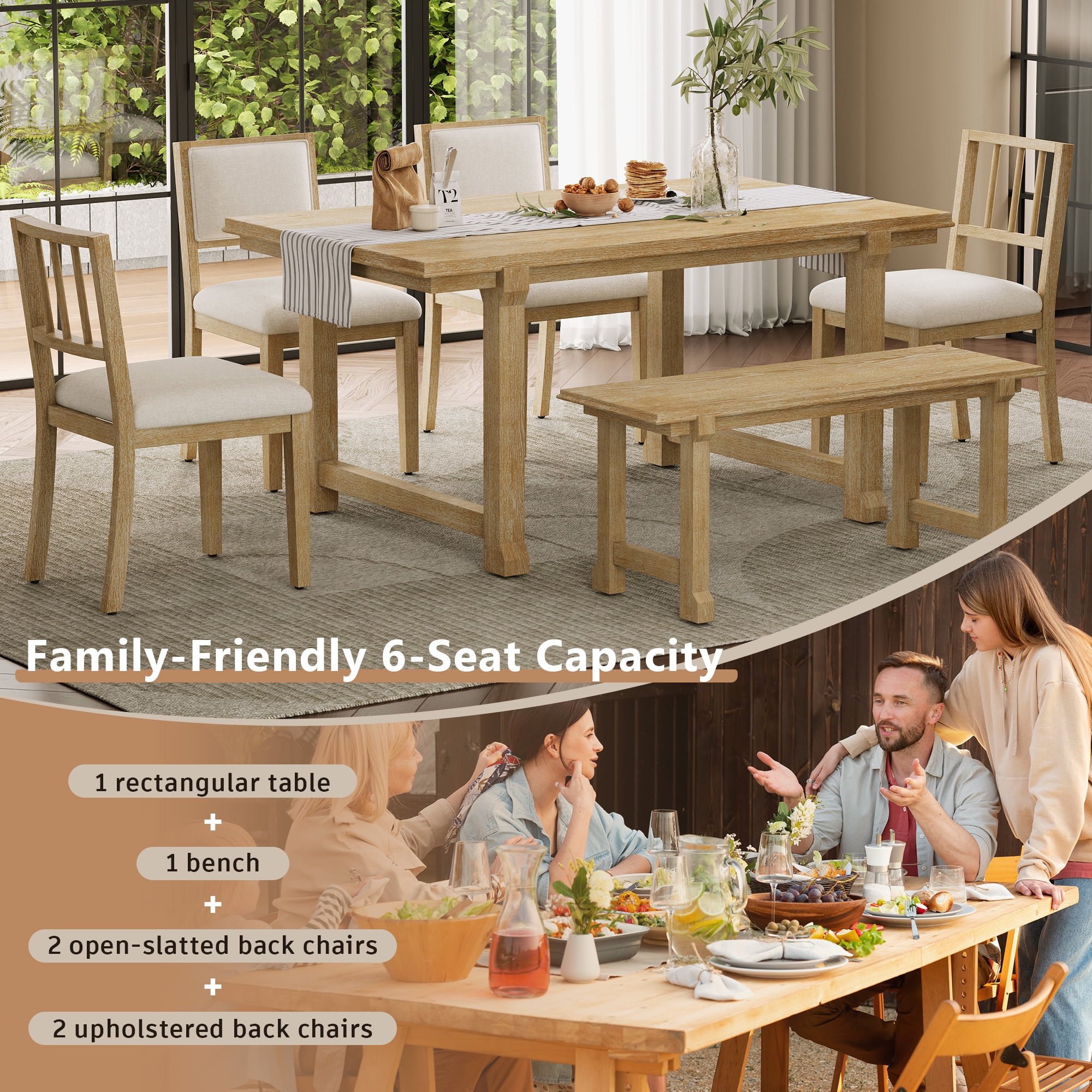 Euroco 6-Piece Farmhouse Dining Table Set for 6, 59.8" Space Saving Kitchen Table & Chairs Set with Wood Frame,Ideal for Kitchen & Dining Room, Restaurant,Natural