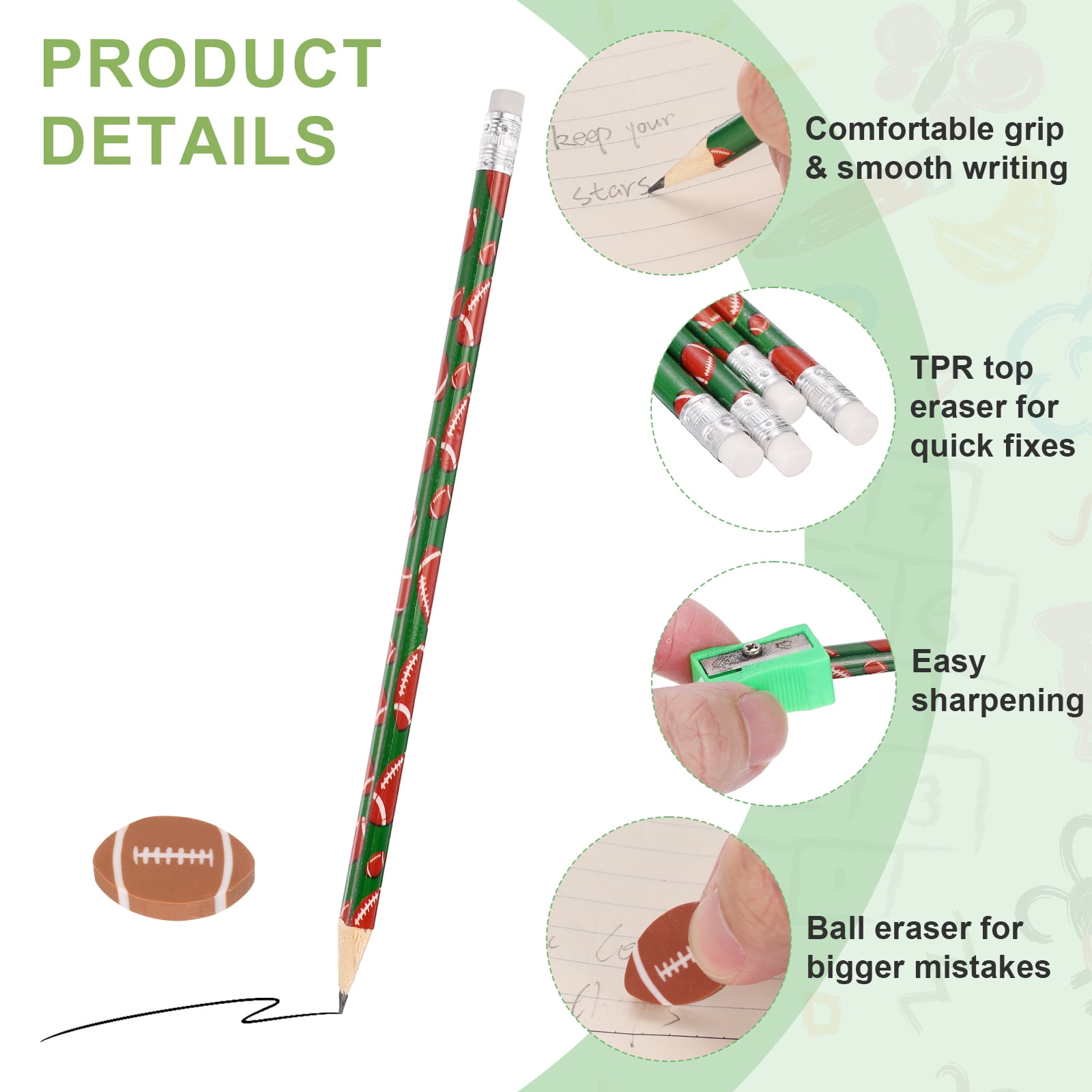 Uxcell Sports Pencils with Eraser, 36 Pcs Fun Cute Wooden Pencils 36 Pcs Sport Ball Erasers Basketball/Rugby/Baseball Theme for Party Favors Classroom Reward