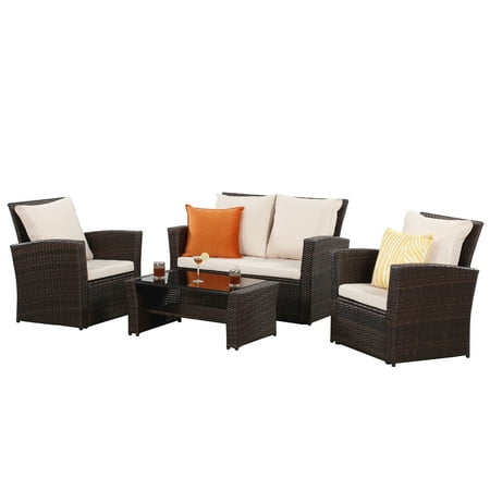 Superjoe Outdoor Patio Furniture Set 5 Pcs Garden Wicker Sectional Sofa Set with Coffee Table Brown