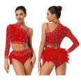 thumbnail image 6 of iiniim Women's Lyrical Jazz Dance Outfits One Shoulder Crop Top with Feather Briefs Skirt Dancewear Red L, 6 of 7