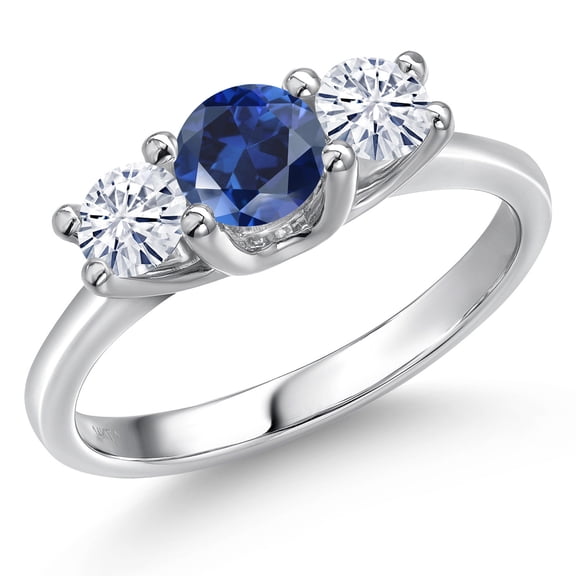 Gem Stone King 14K White Gold Blue Created Sapphire & White Moissanite 3-Stone Engagement Ring | 1.06 Cttw | Round 5MM and 4MM | Three Stone Wedding Anniversary Promise Ring for Women (Size 9)