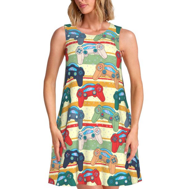 Balery Retro With Joysticks Vestidos de verano para mujer con estampado: vestido holgado sin mangas, vestido playero informal y cómodo para días calurosos.