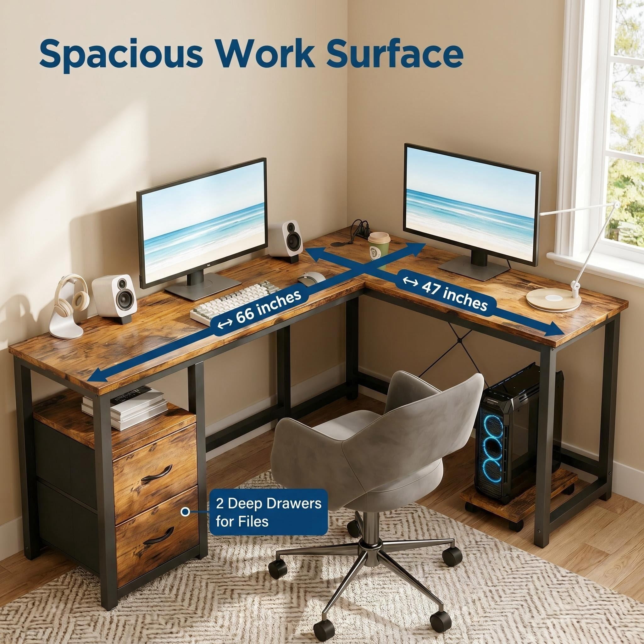 Lofka 66" L Shaped Desk with Drawers for Home Office, Computer Desk with Power Outlet, Gaming Desk Retro Brown