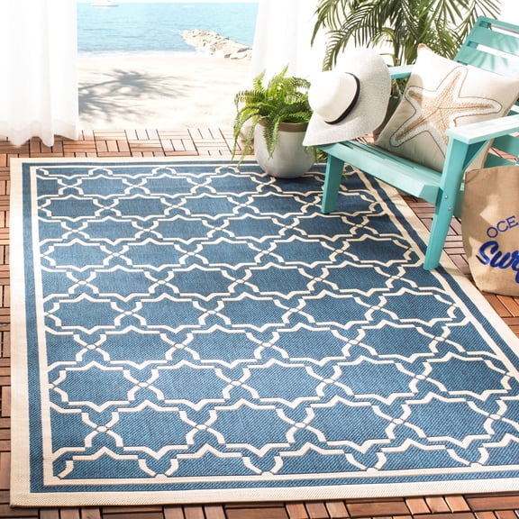 SAFAVIEH Courtyard Allison Geometric Bordered Indoor/Outdoor Area Rug, 9' x 12', Navy/Beige