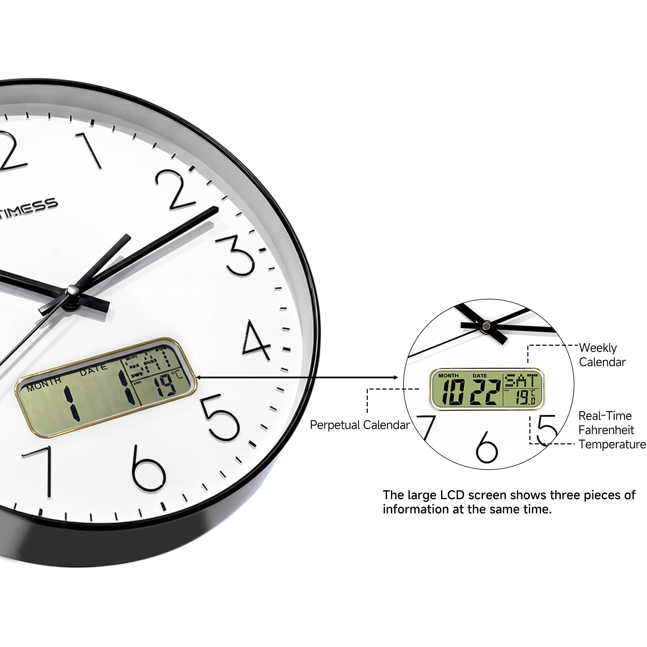 TIMESS 14 Inch Silent Wall Clock with Date Display, Large Easy-Read Numbers, Battery Operated, Modern Home Clock (Black)