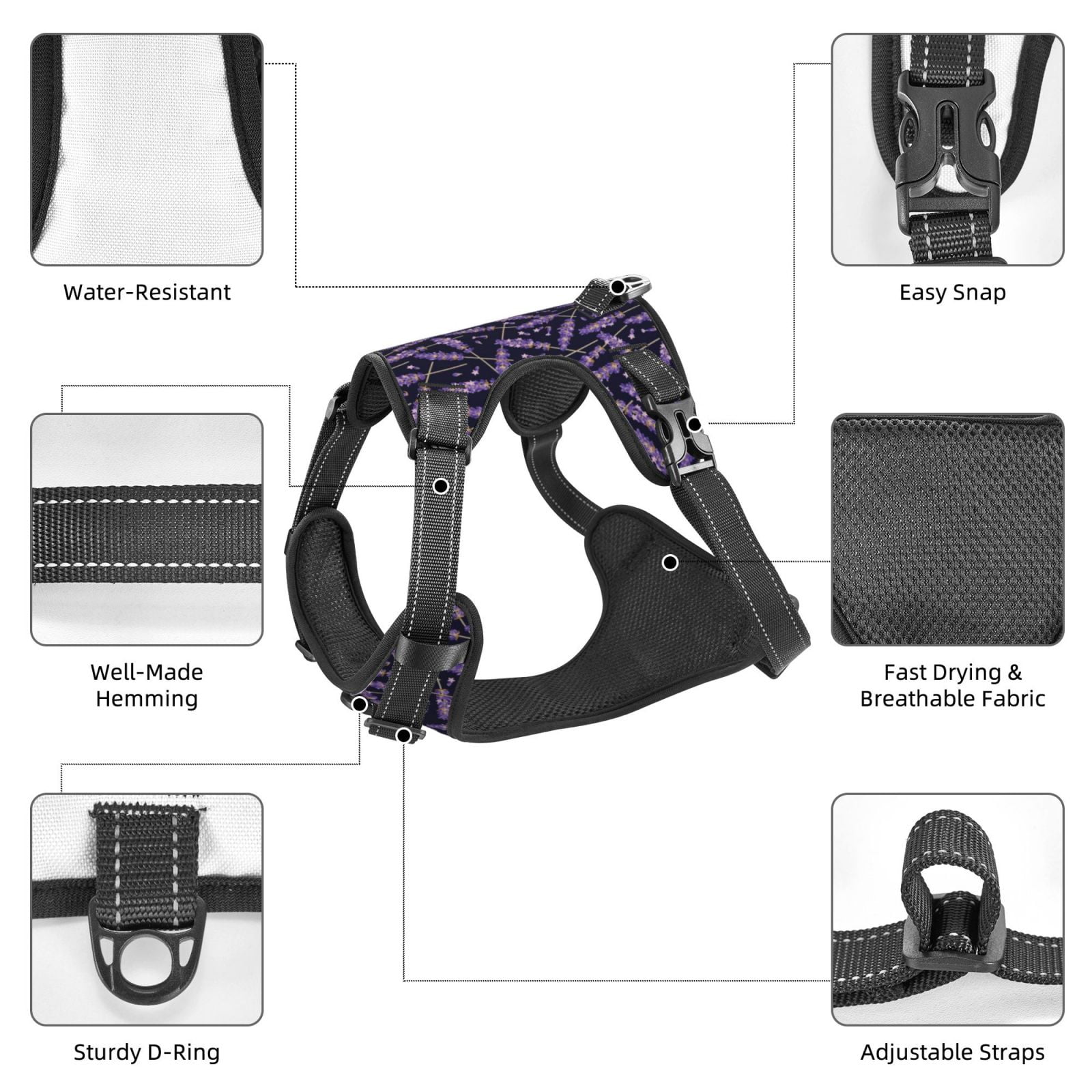 Kdxio Lavender Flowers Print No Pull Dog Harness Adjustable Reflective Oxford Easy Control Medium Large Dog Harness for Training and Everyday-Medium