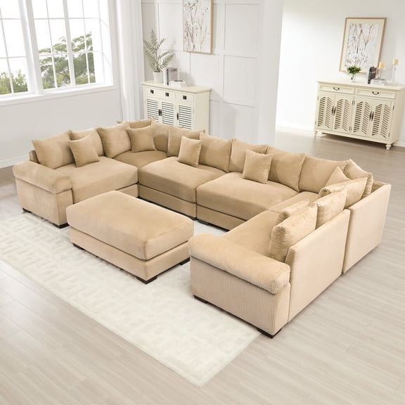 Modular Sectional Sofa Couch, Oversized 138" U-Shaped Convertible Couches with Thicker Cushions, Corduroy 7 Seater Sleeper Sofa Chaise for Living Room, Camel