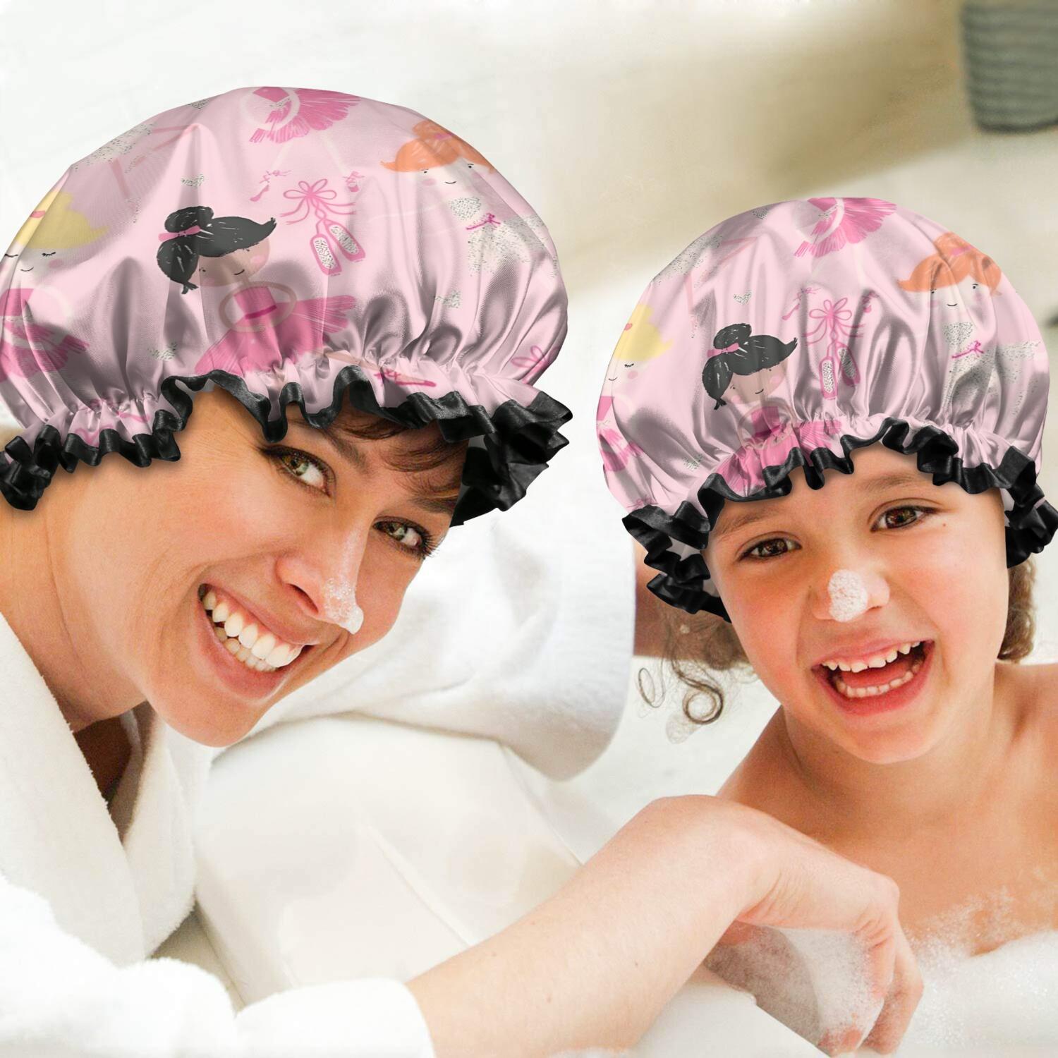 Shower Caps,Ballet Princess Pattern Waterproof Shower Cap for Women 4 Pieces,Double Reusable Hair Cover for Shower PEVA Elastic Stretch Hem