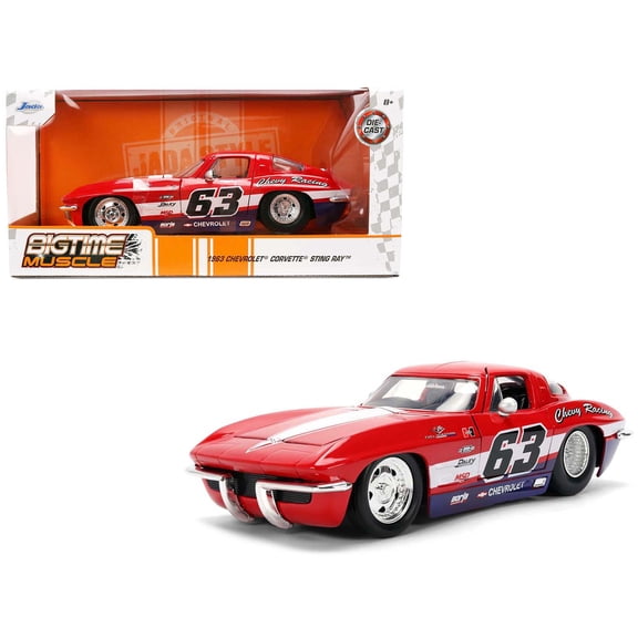 1/24 Diecast Model Car 1963 Chevrolet Corvette Stingray #63 "Chevy Racing" Red with White and Blue Stripes "Bigtime Muscle" Series by Jada