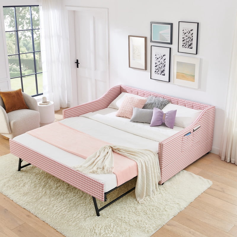 Full Size Daybed with Pop Up Trundle, Gingham Upholstered Daybed Frame with Tufted Button Backrest and Side Storage Pocket, Modern Sofa Bed for Living Room Bedroom