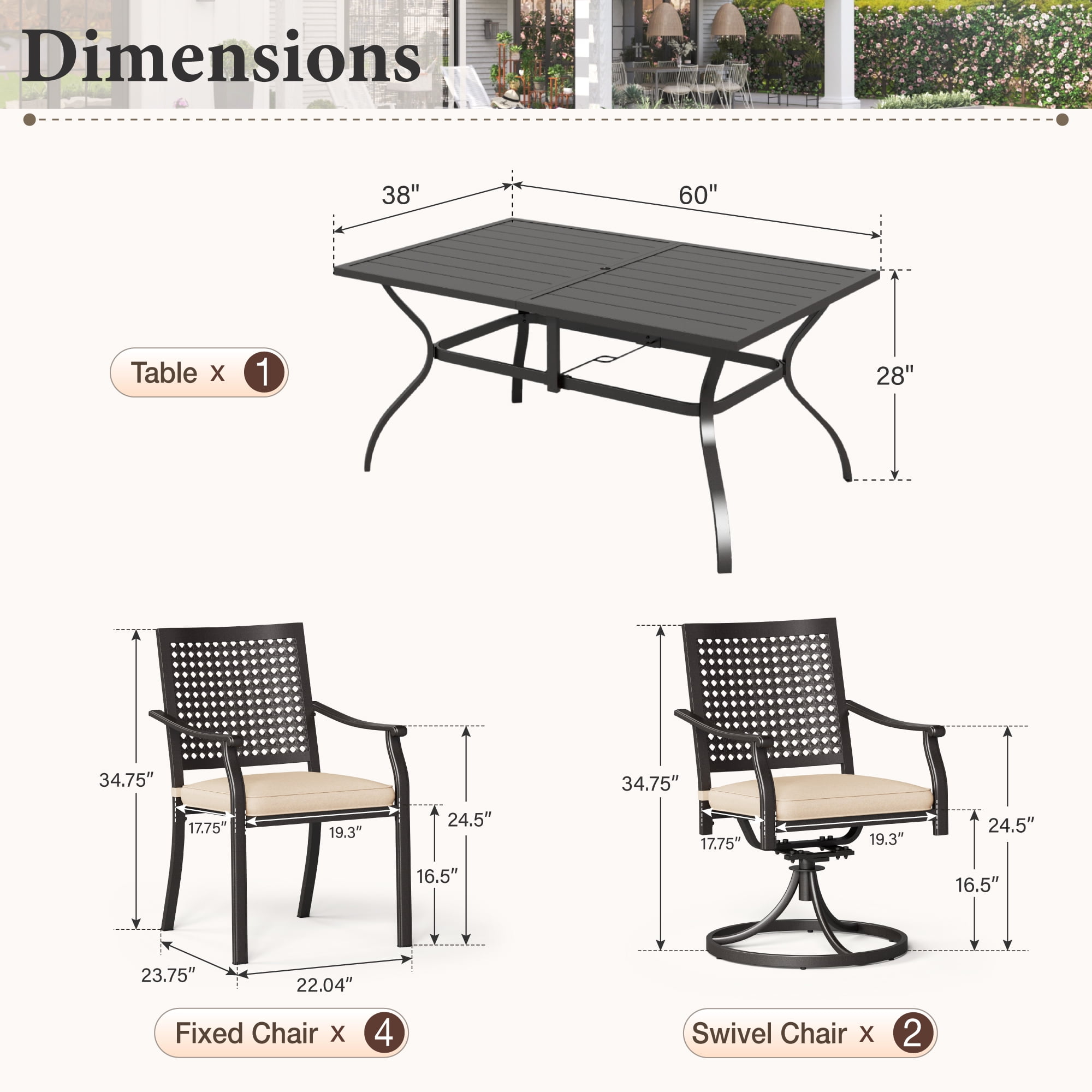 Summit Living 7-Piece Outdoor Patio Dining Set, Metal Steel Swivel Chairs with Cushions & Rectangle Table with Umbrella Hole, Black & Brown