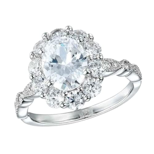 HeartsAndYou 4ct Oval Cut Moissanite Floral Halo Milgrain Engagement Ring for Women 18k White Gold over Silver