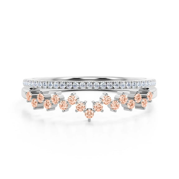 ZigZag Design 0.65 Carat Milgrain Morganite And Diamond Moissanite Engagement Ring Wedding Band in 10k Solid White Gold, Stackable Ring, Promise Ring, Anniversary Ring, Bridal Set, Matching Band