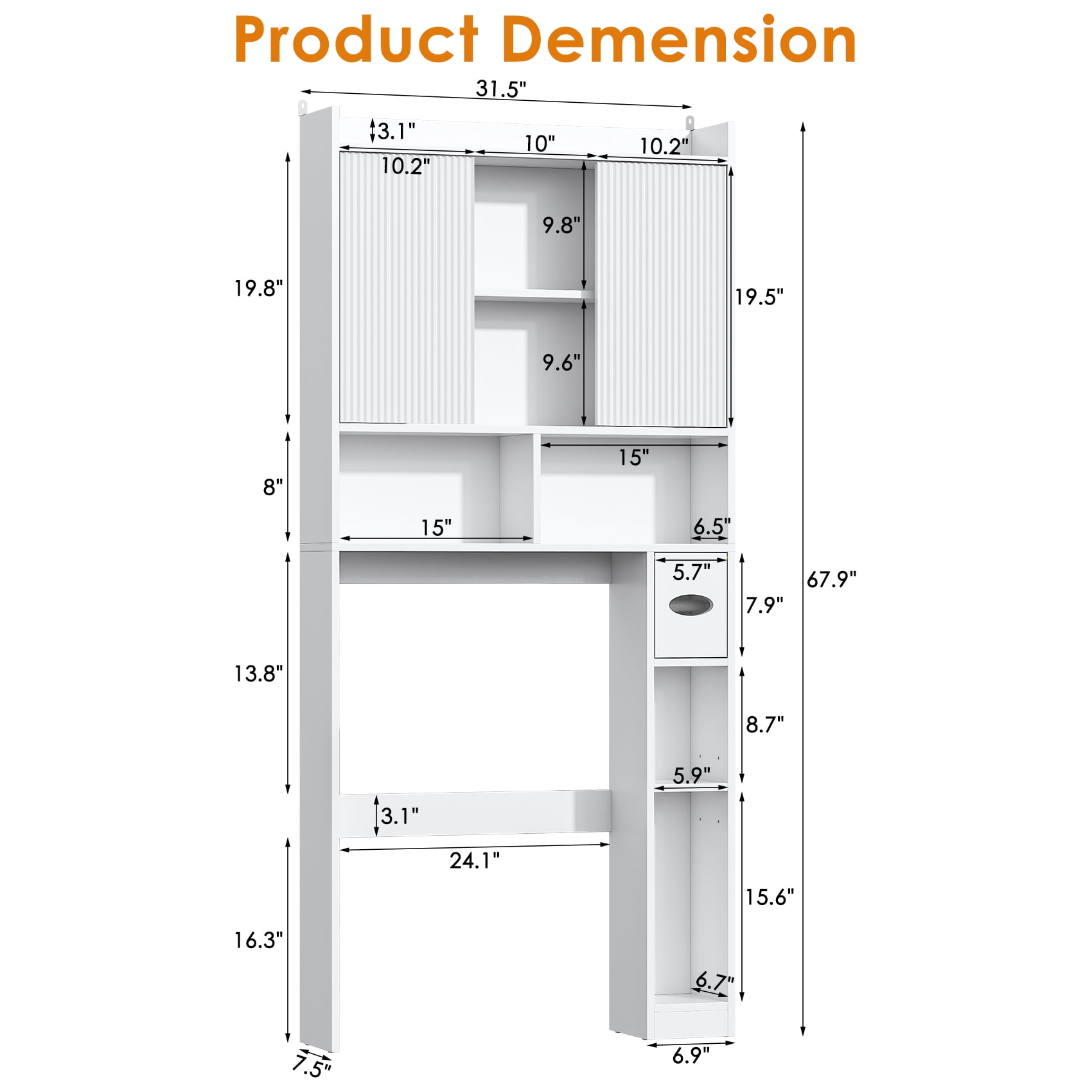Over The Toilet Storage Cabinet with 2 Sliding Doors & Toilet Paper Holder, Freestanding Adjustable Organizer for Bathroom & Laundry,White