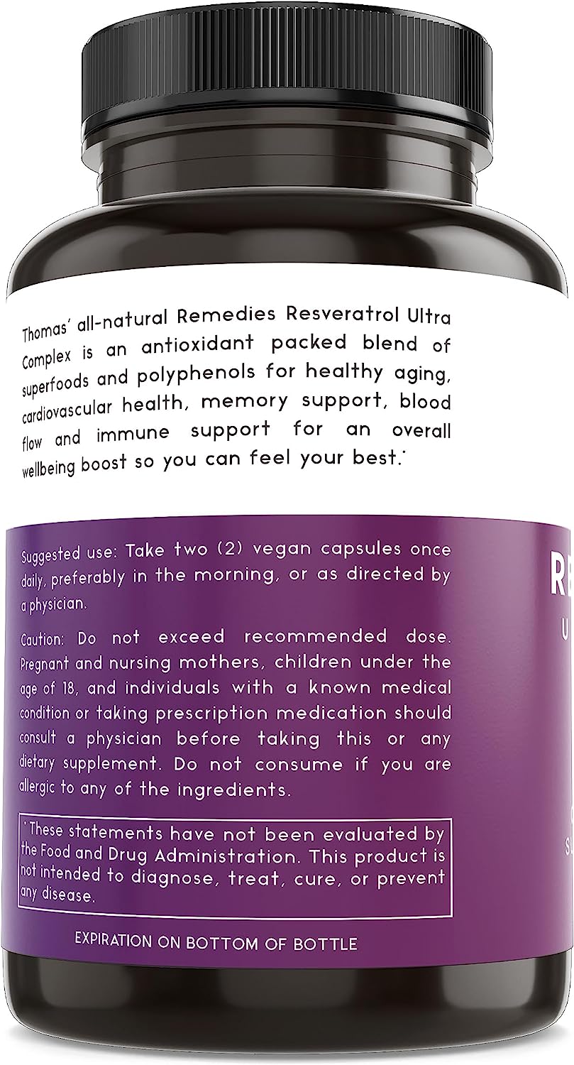 Thomas' all-natural Remedies Resveratrol 1600mg Organic Trans-Resveratrol Antioxidant Supplement ,Organic Grape Seed Extract and Quercetin- 120 Capsules