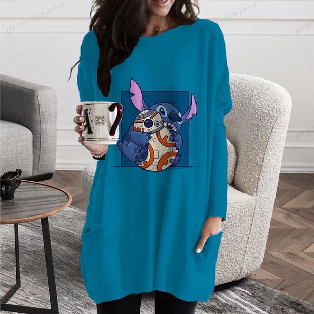 Autumn Women's T-Shirt Casual Holiday Weekend T-Shirt Long Sleeve Disney Stitch Print Crew Neck Basic Pocket T-Shirt PulloverXL Gao Jinjia LED