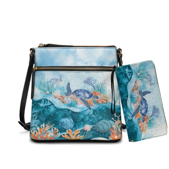 ZUXONGSY Turtle Coral Sea Print Women's Crossbody Hobo Purse & Wallet Set, PU Leather Satchel Bag with Multi-Pocket Design & Adjustable Strap for Travel & Work