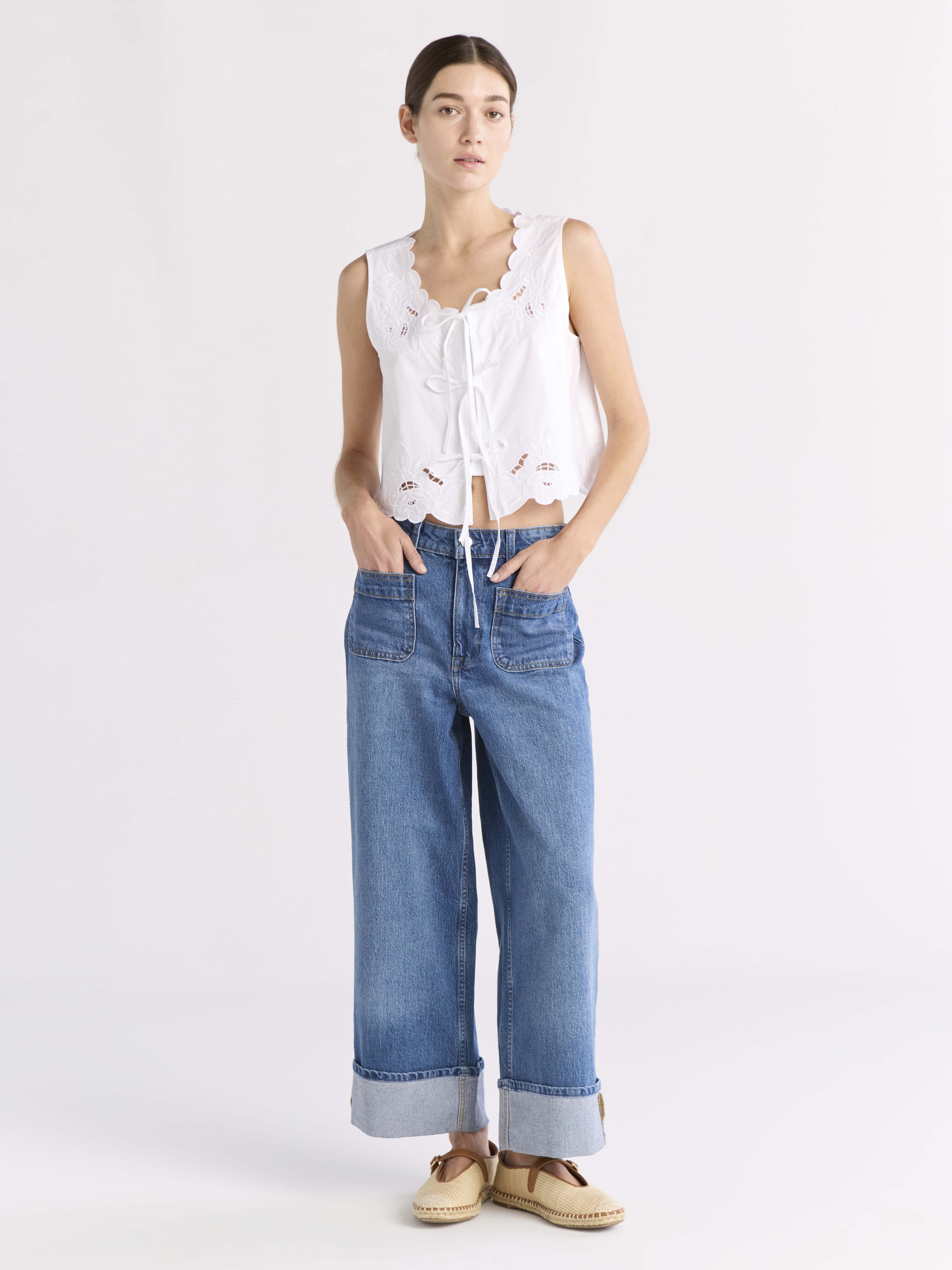 Free Assembly Women's and Women's Plus Cropped Tie Front Embroidered Cotton Top, Sizes XS-4X