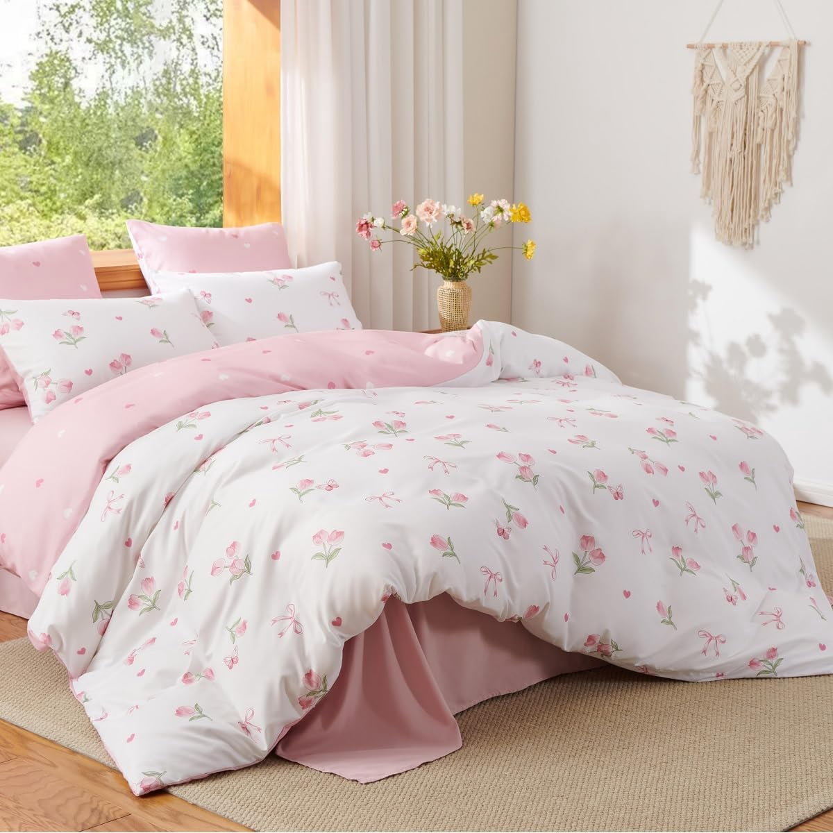 JOLUSERE Pink Tulip Twin Comforter Set, 2-Piece Pink Flowers Reversible Soft Bedding Set or Adults All Season